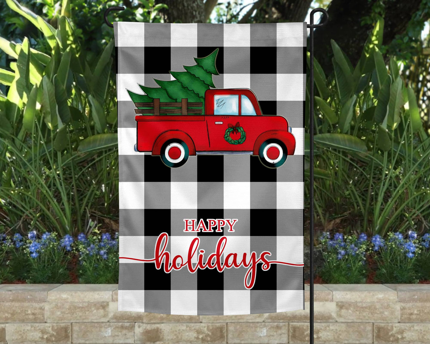 The Spotted Zebras - Garden Flag - Happy Holidays Buffalo Check Vintage Truck