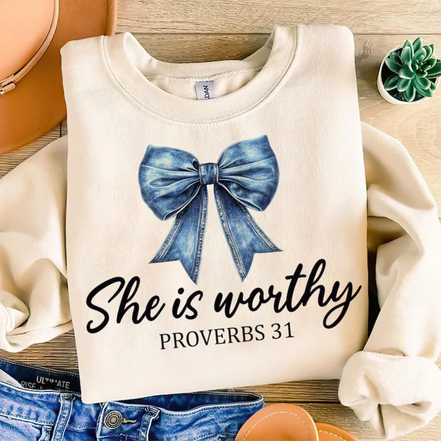Lasting Impressions CT - Wholesale She is Worthy Coquette Denim Bow Sweatshirt: XL