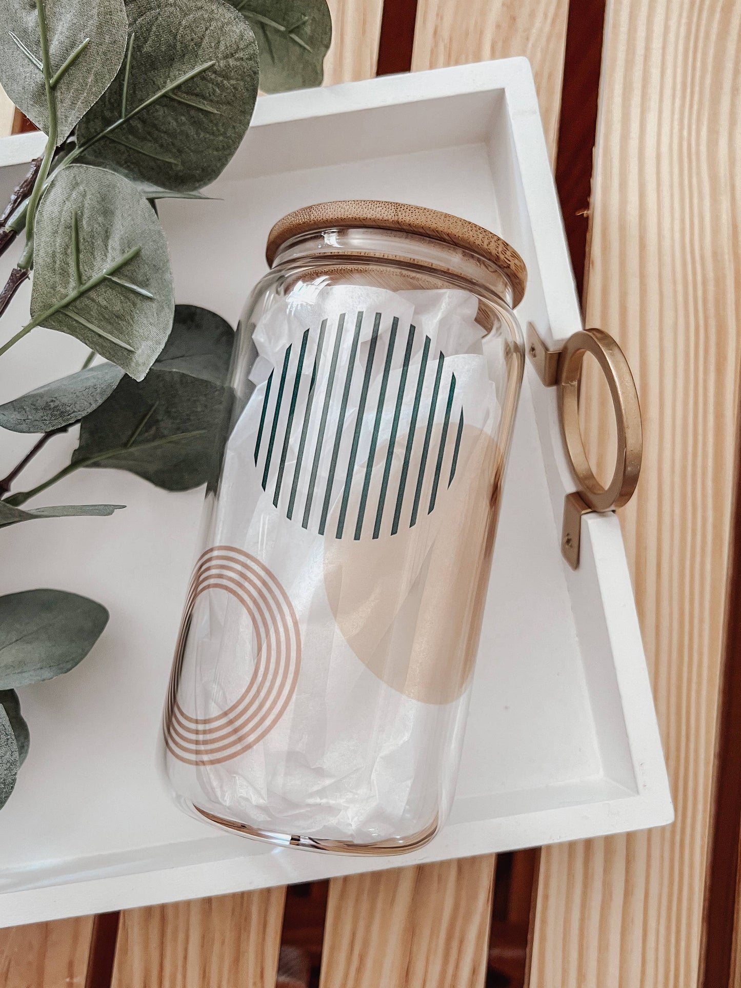 Boho Theme 16 oz Glass Cup with Bamboo Lid