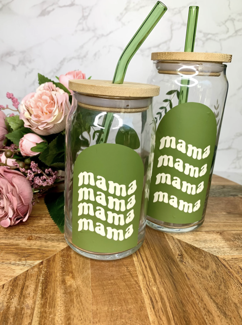 Boho style mama beer can glass, Libbey Glass