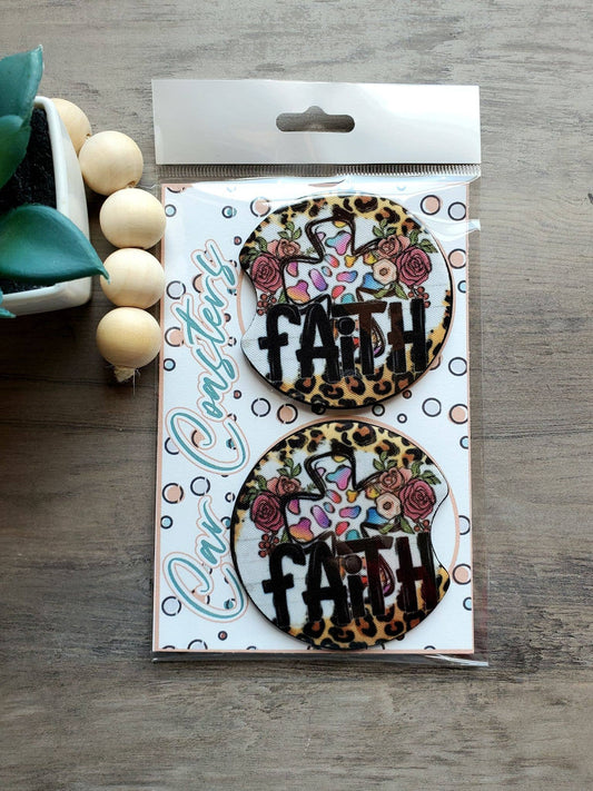 Faith Cross Leopard Car Coaster