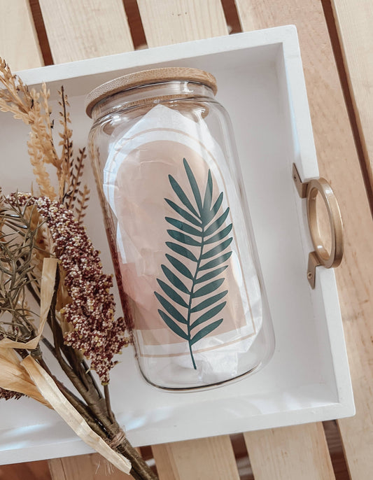 Boho Theme/Leaves 16 oz Glass Cup with Bamboo Lid